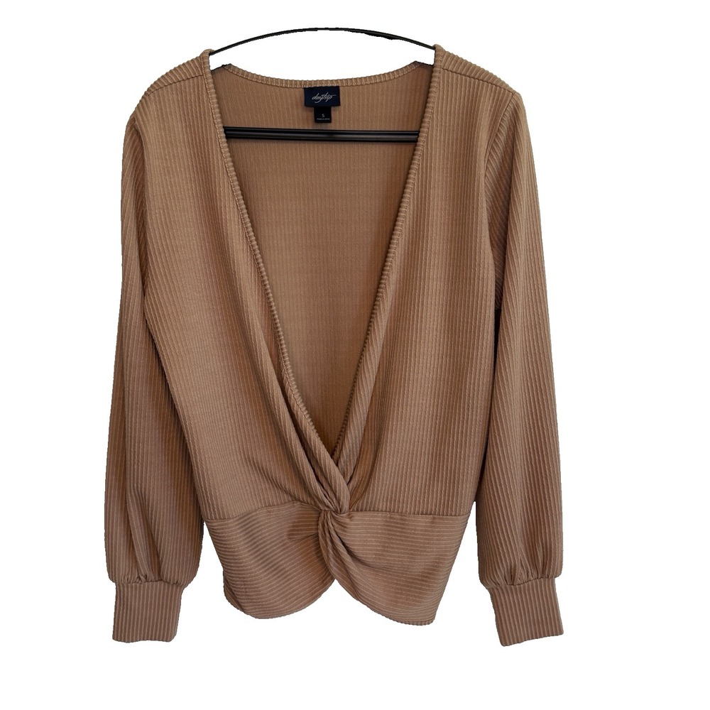 Womens Ribbed Long Sleeve Twist Front Sweater S Boho Cottagecore Casual Layering